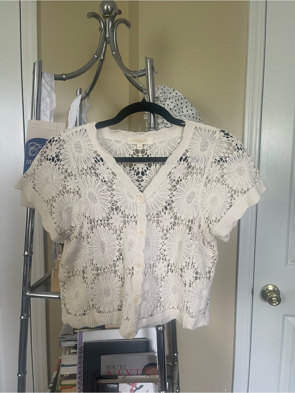 Rebellion Cream Crochet Button-Front Short Sleeve Cardigan